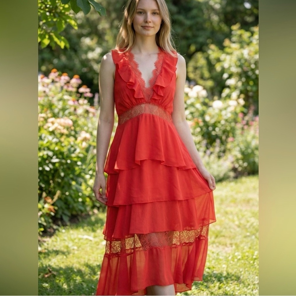 Anthropologie Red Tiered High Low Lace V Neck
Dress, Size Small - Picture 2 of 13